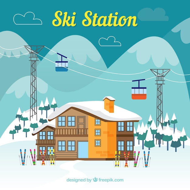 Ski station design with wooden house