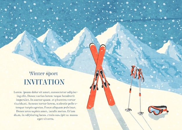 Free Vector ski winter mountain landscape retro invitation card frame 