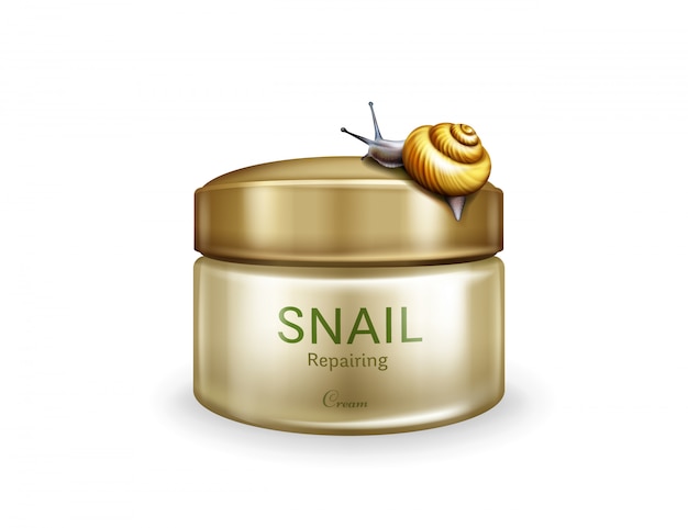 Skin repairing cream realistic vector isolated on white background. Live snail creeping on plastic j