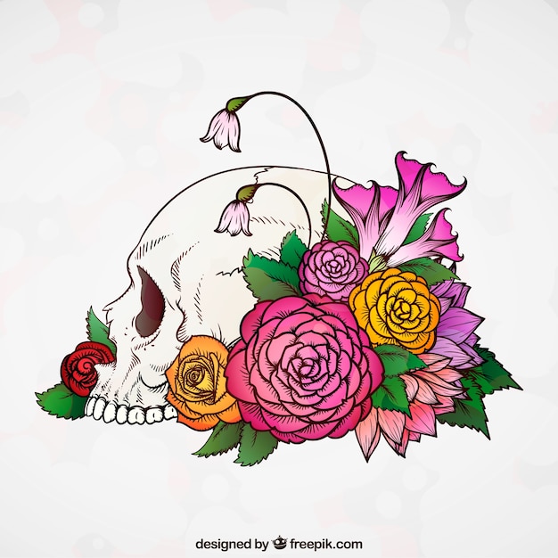 Free Vector skull background with hand-drawn colorful flowers