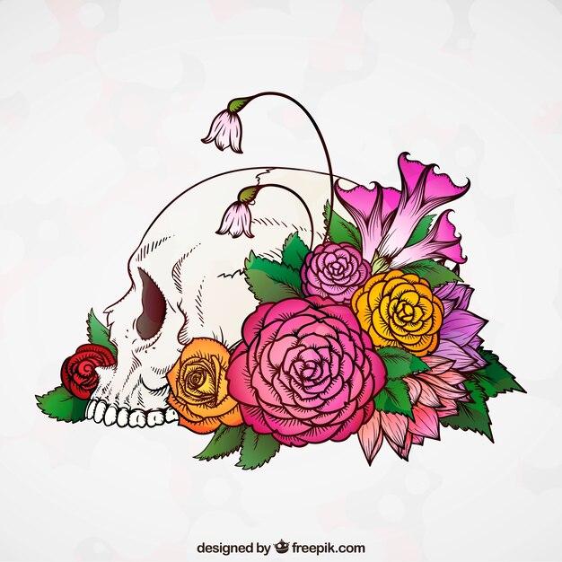 Skull background with hand-drawn colorful flowers