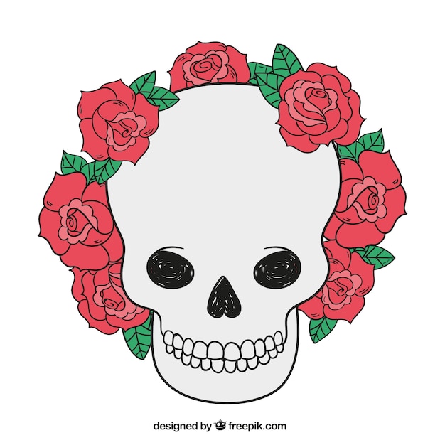 Free Vector skull background with hand drawn roses