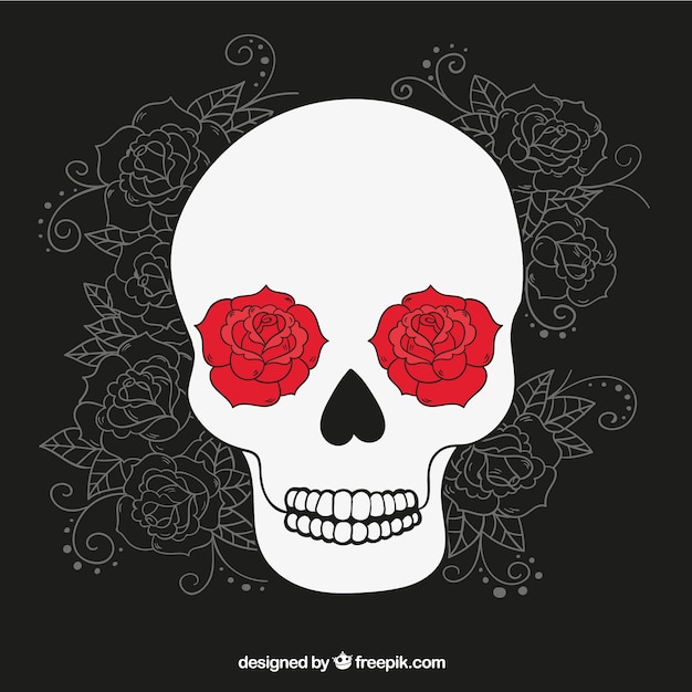 Free Vector skull background with hand drawn roses