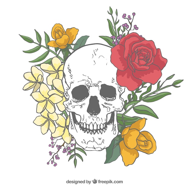 Skull background with roses and hand drawn leaves