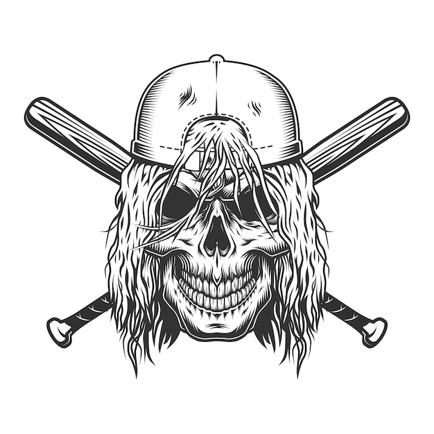 Free vector skull in cap with long hair