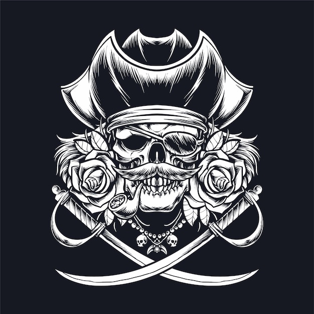 Skull captain pirate with sword illustrationjpg