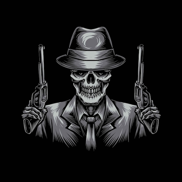 Skull gangster holding gun vector illustration