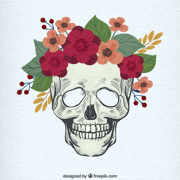 Free Vector skull hand drawn with pretty flowers