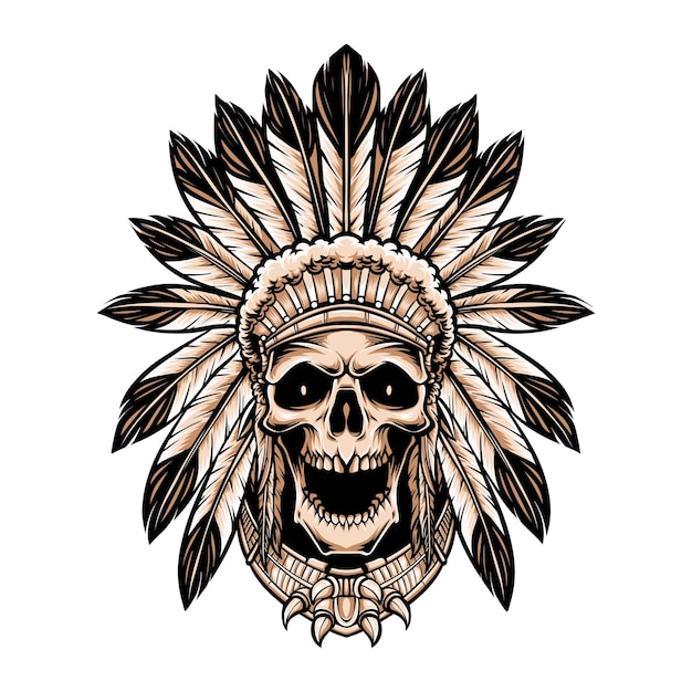 Skull indian wearing headdress isolated on white