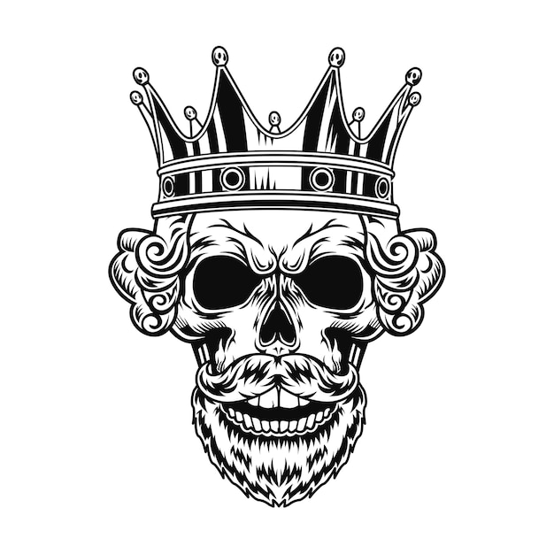 Free Vector skull of king vector illustration. head of character with beard, royal hairdo and crown