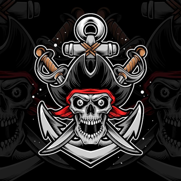 Skull pirate with sword and anchor