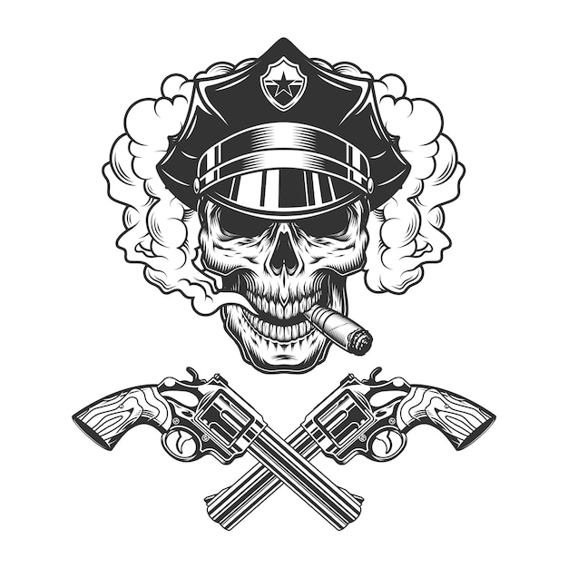 Skull in police hat smoking cigar