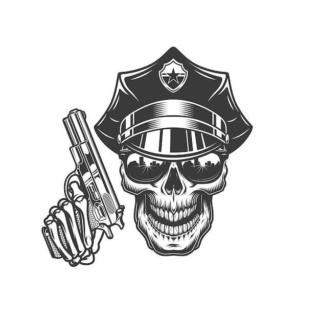 Skull in police hat and sunglasses