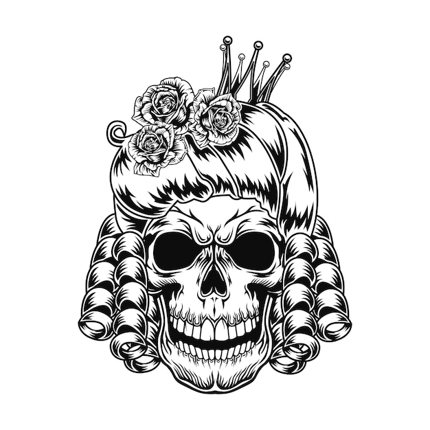 Skull of queen vector illustration. Head of scary character with royal hairstyle and crown