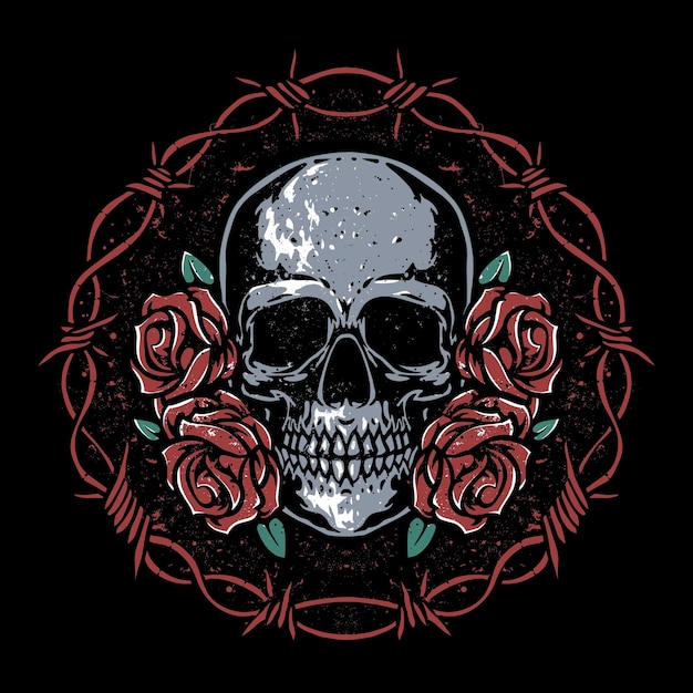 Free Vector skull and red roses inside barb wire