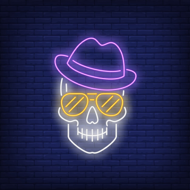 Skull wearing hat and sunglasses neon sign