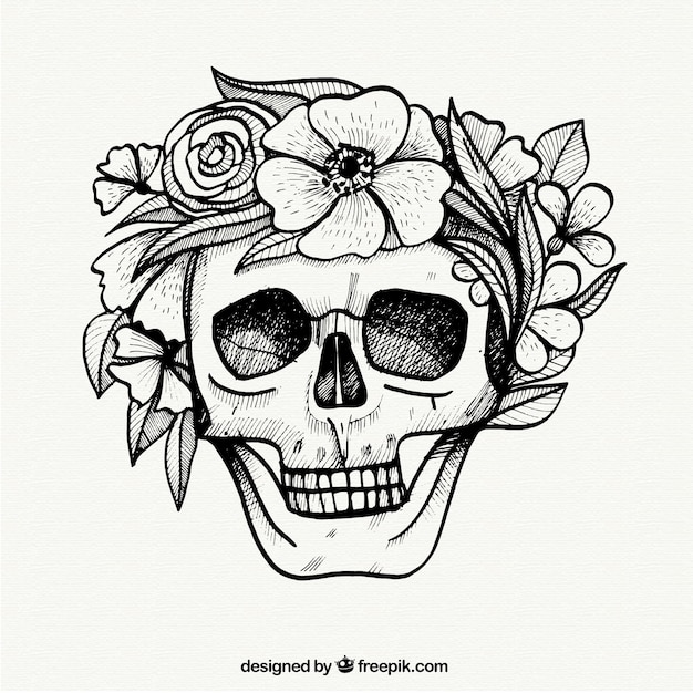 Skull with flowers in hand drawn style