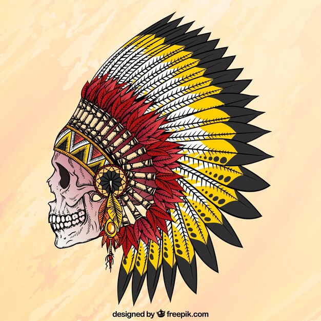 Skull with hand drawn indian feathers