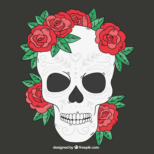 Free Vector skull with hand drawn roses