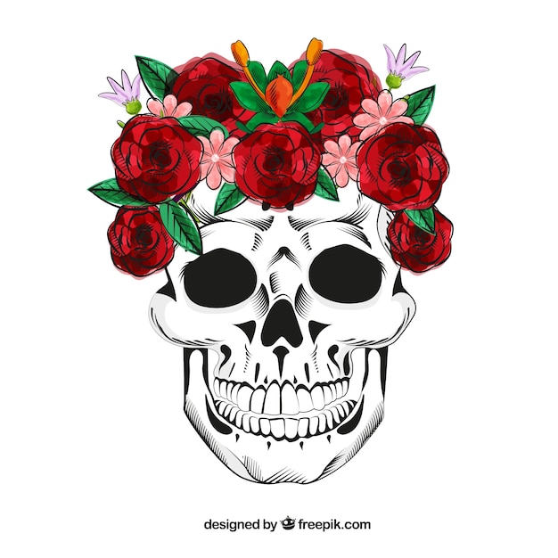 Free vector skull with hand drawn roses