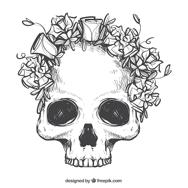 Free vector skull with hand-drawn wreath