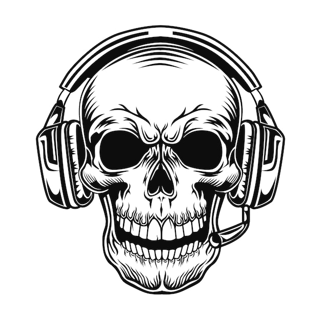 Free vector skull with headset vector illustration. head of character in headphones