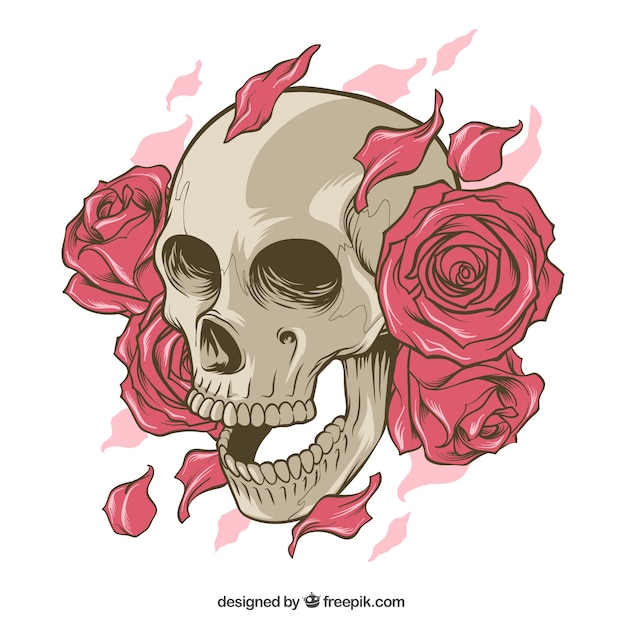 Skull with roses and hand drawn petals