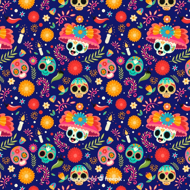 Skulls with floral hats seamless pattern