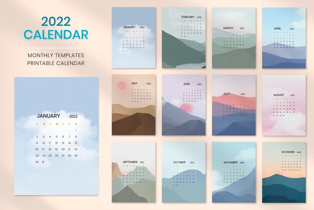 Sky &amp; mountain yearly calendar vector in minimal Scandinavian aesthetics printable vector template set