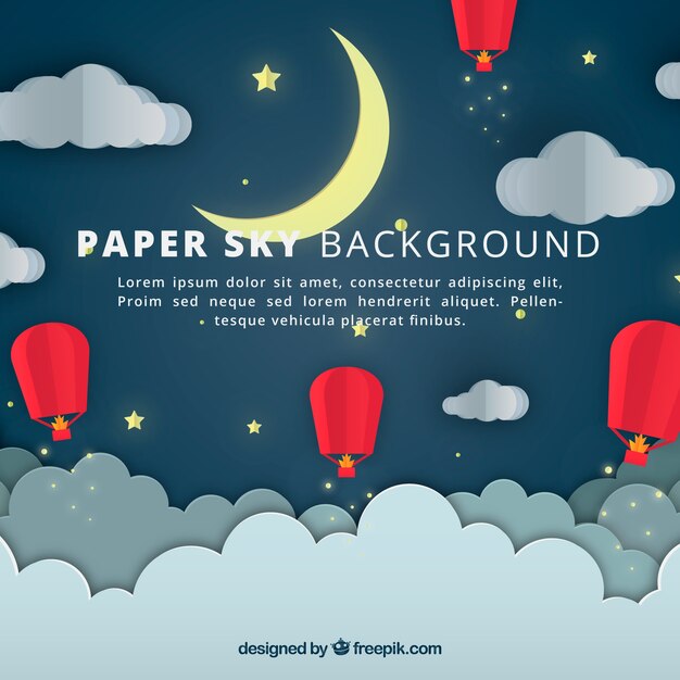 Sky with clouds and moon background in paper texture