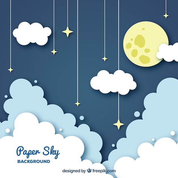 Free Vector sky with clouds and moon background in paper texture