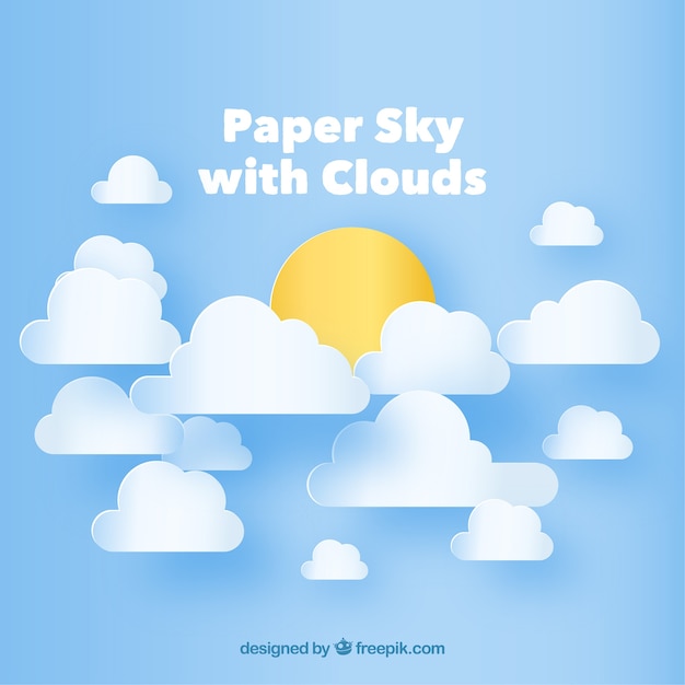 Sky with clouds and sun background in paper texture