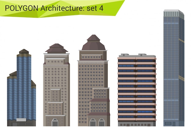 Free Vector skyscrapers, city houses and buildings polygonal style set.