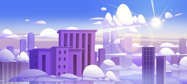 Free Vector skyscrapers above clouds highrise city buildings rooftops peek up up of cumulonimbus cloudscape in blue sky and sun shine urban view background downtown architecture cartoon vector illustration