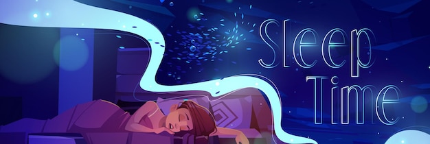 Sleep time cartoon banner, young woman sleeping on bed at dark night room, dormant female character lying under blanket nap, relaxed girl seeing sweet dreams at home bedroom, Vector illustration