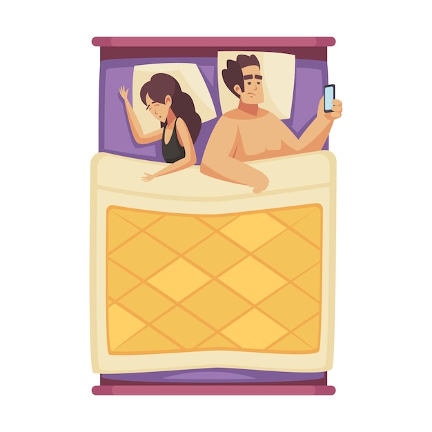 Free Vector sleep time composition with view of couple in bed with sleeping woman and awake man with smartphone flat vector illustration