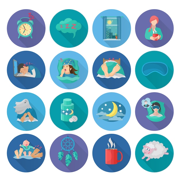 Sleep time flat long shadow icons set 