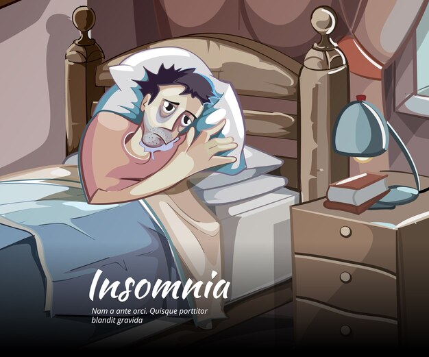 Sleepless vector character. Sleeplessness and insomnia, bedroom person illustration