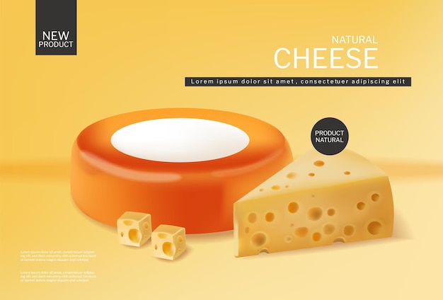 Free Vector slice of cheddar and round cheese wheel vector realistic product placement mock up fresh cheese