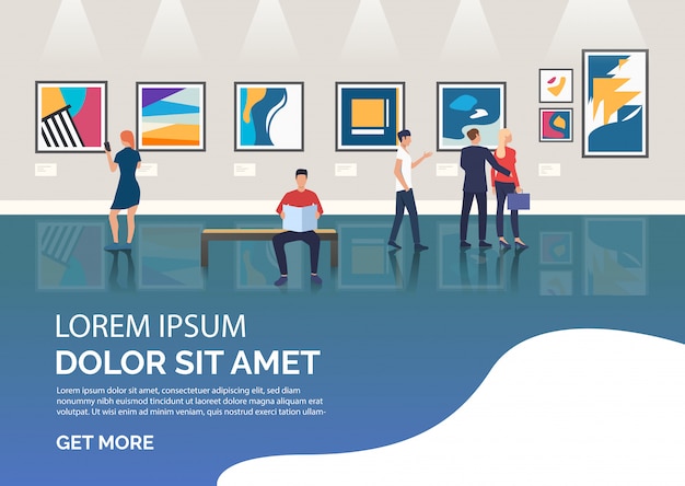 Free Vector slide page with people visiting art gallery illustration