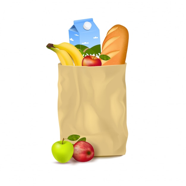 Free Vector slim paper bag with supermarket products