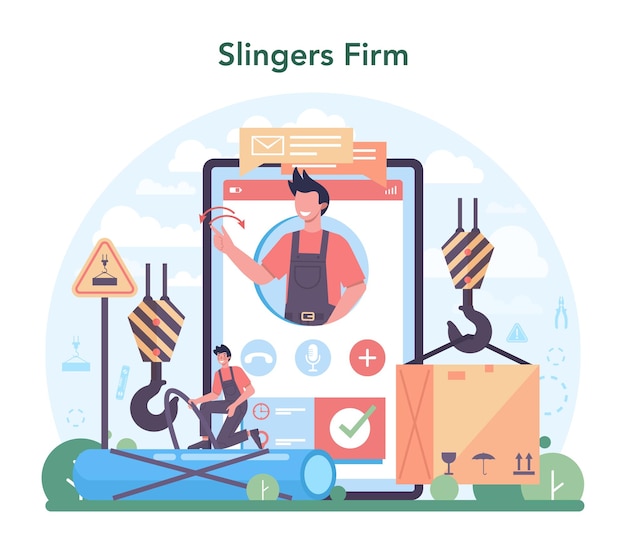 Slinger online service or platform Professional workers of constructing industry slinging goods Slingers firm website Vector illustration