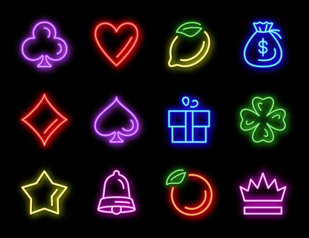 Slot machine neon icons for casino gambling