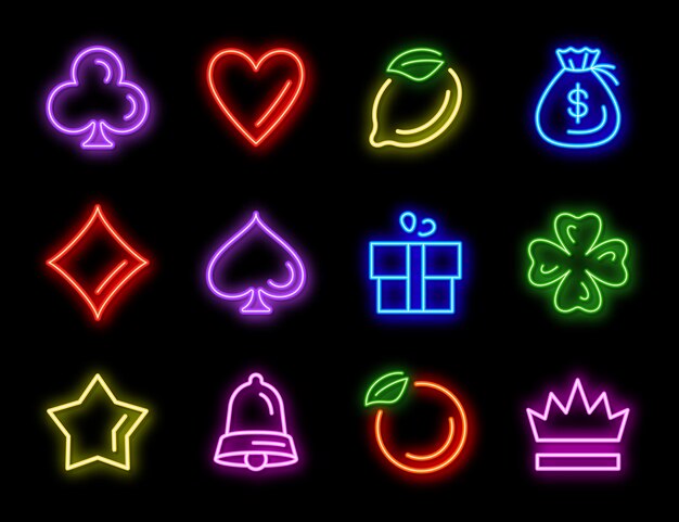 Slot machine neon icons for casino gambling