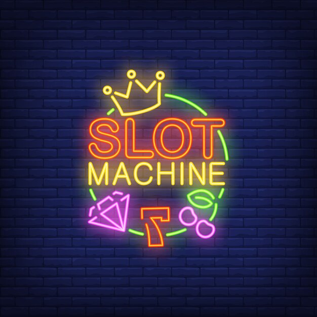 Slot machine neon sign. Number seven, diamond, crown, cherry