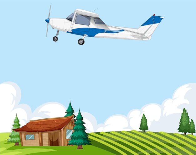 Free Vector small airplane flying over countryside cabin