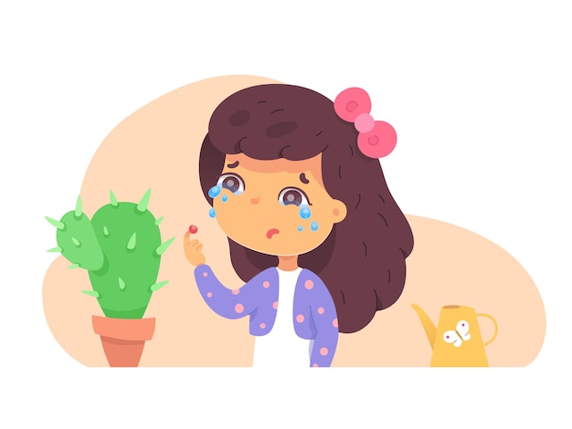 Free Vector small girl touching cactus and crying sad kid hurt finger pricking thorn crying with tears from pain blood on injured skin cute child with plant in pot