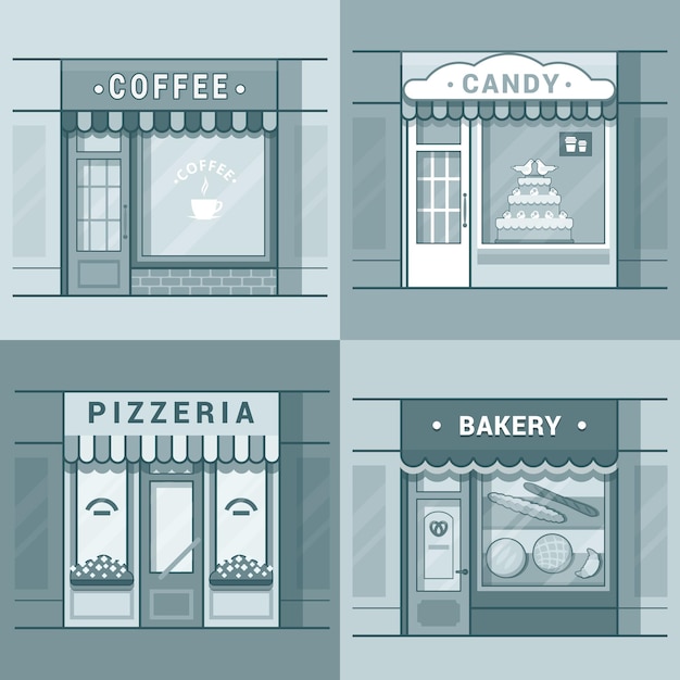 Free Vector small local business showcase storefront shop window cafe coffee bakery pizza pizzeria candy confectionery set. linear stroke outline flat style