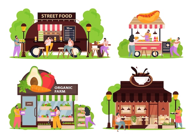 Small store concept icons set with street food flat isolated