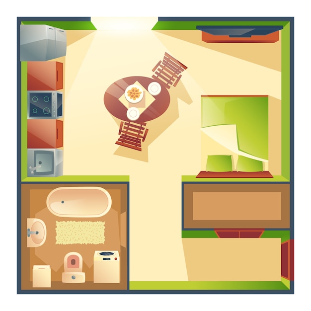 Free Vector small studio apartment with combined kitchen, living room and bedroom cartoon 